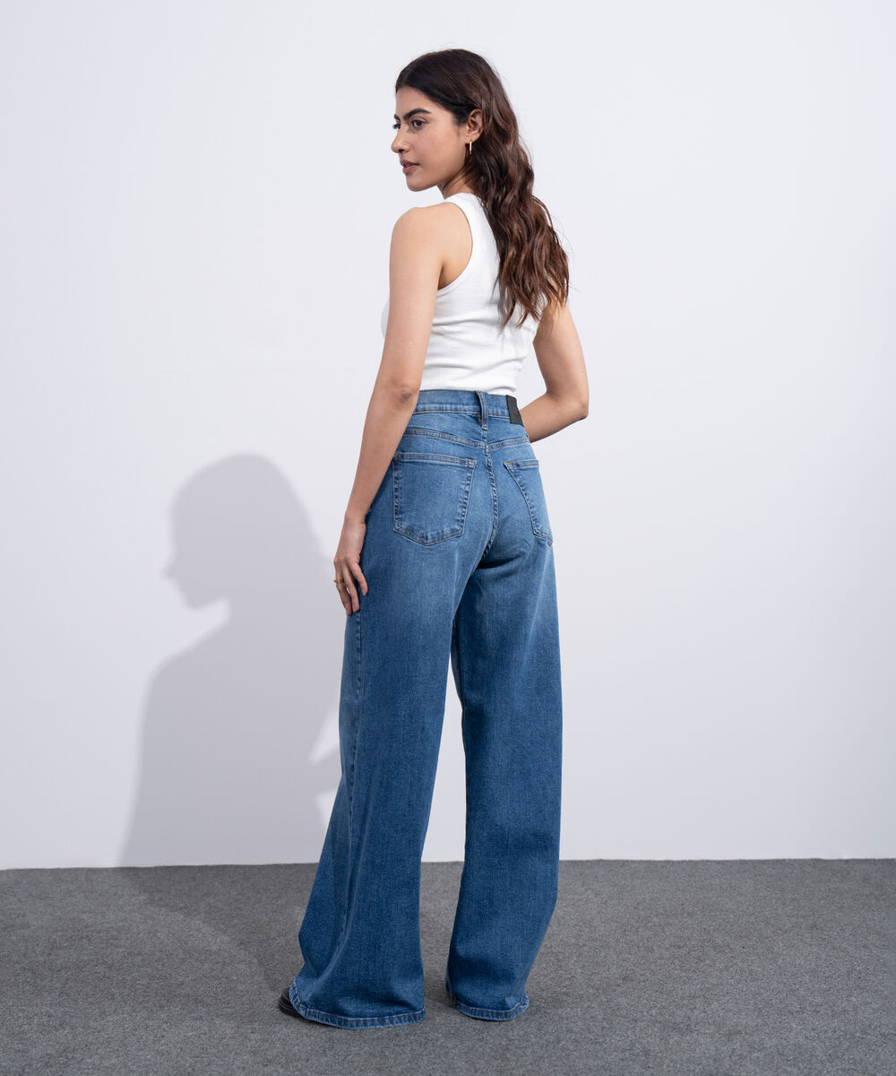 Women's Western Mid Blue Wash High Rise Wide Leg Jeans