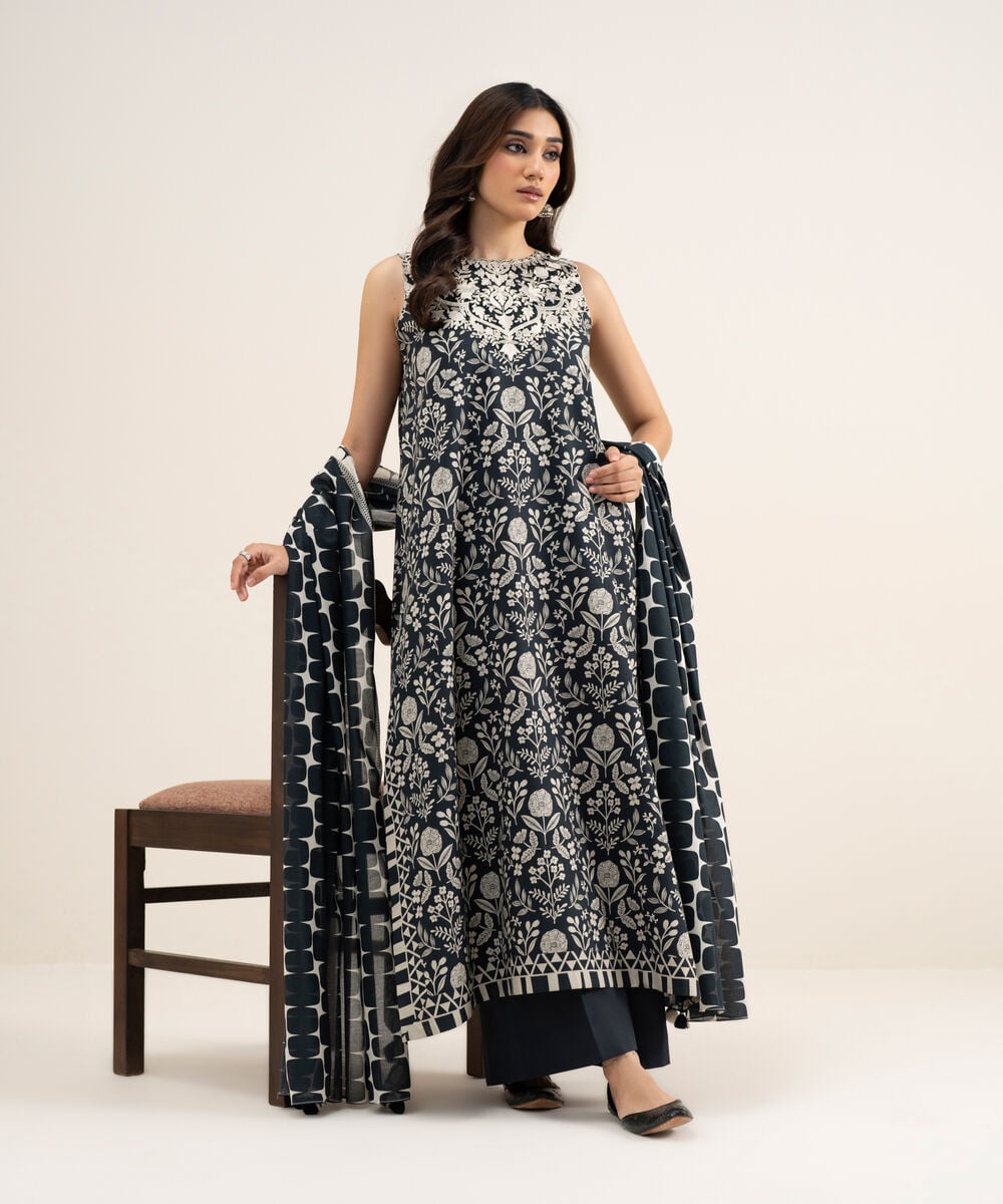 Women's Unstitched Lawn Embroidered Black and Off White 3 Piece Suit