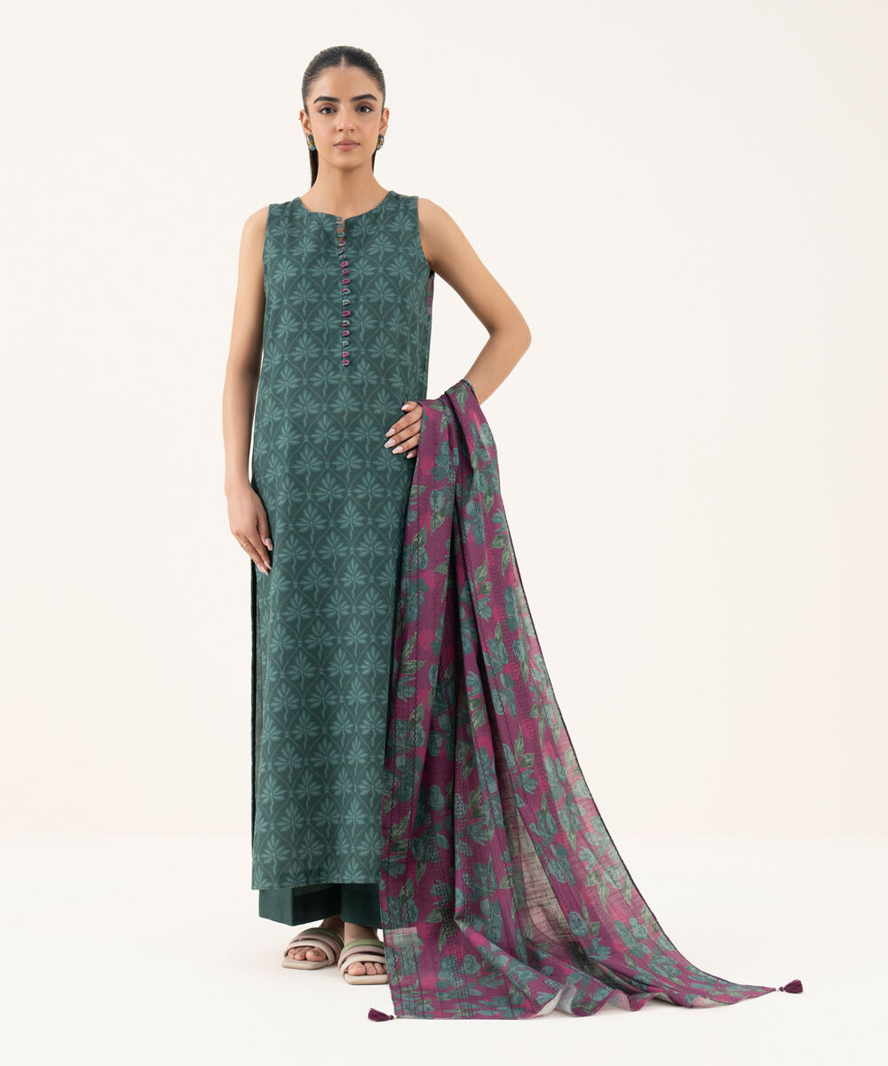 Women's Unstitched Light Khaddar Printed Green Three Piece Suit