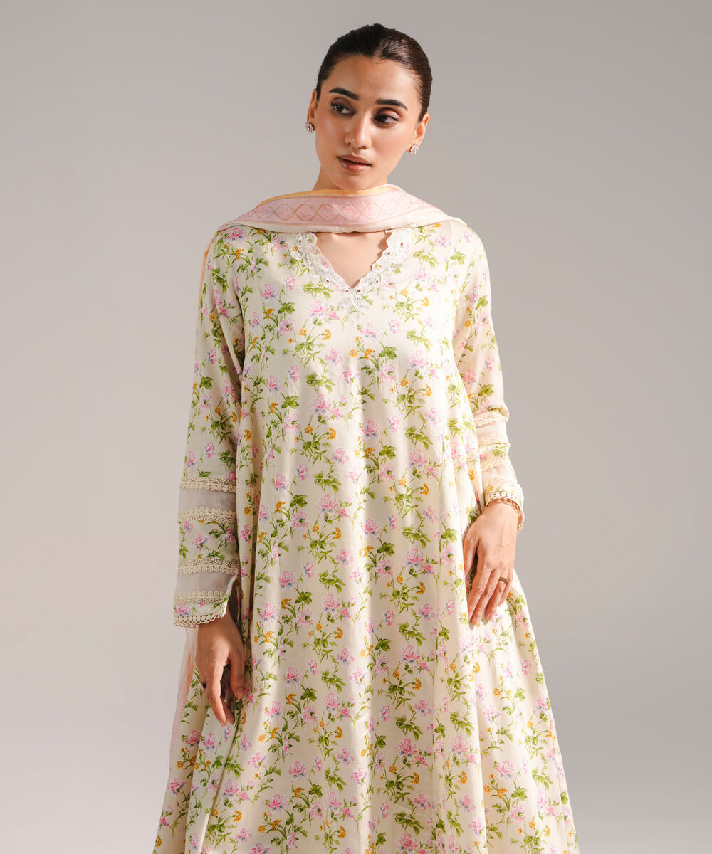 Women's RTW Cotton Satin Embroidered Pale Green 3 Piece Suit