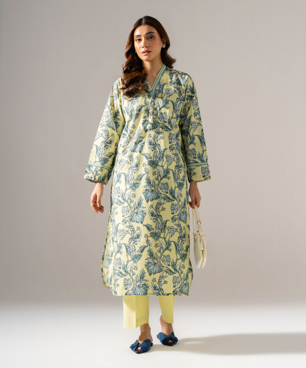 Women's RTW Cambric Printed Pale Yellow Straight Shirt