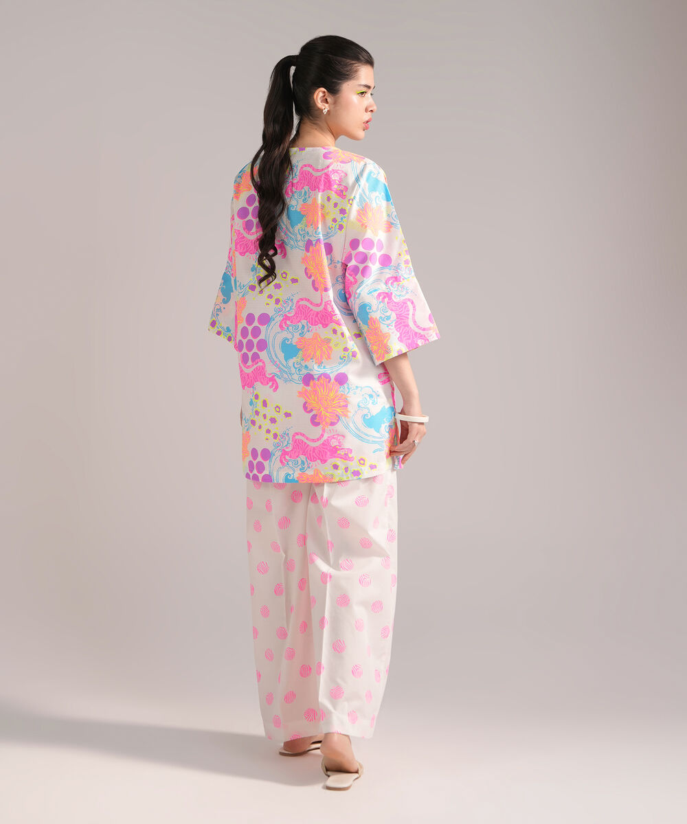 Women's RTW Dobby Printed White 2 Piece Suit