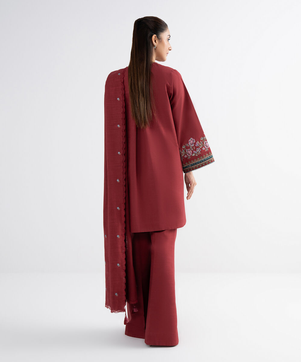 Women's Unstitched Khaddar Embroidered Red 3 Piece Suit