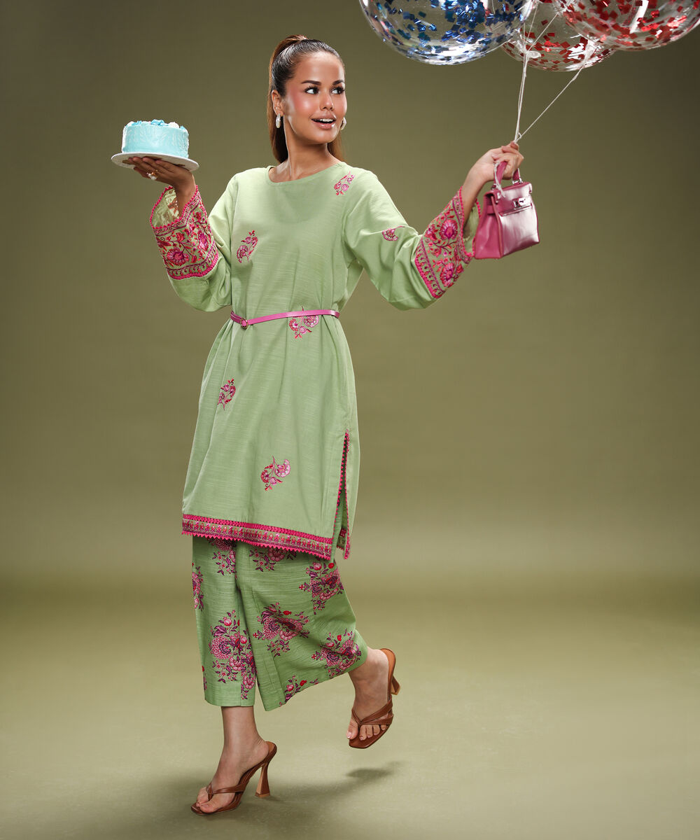 Women's RTW Light Khaddar Green Embroidered Straight Shirt