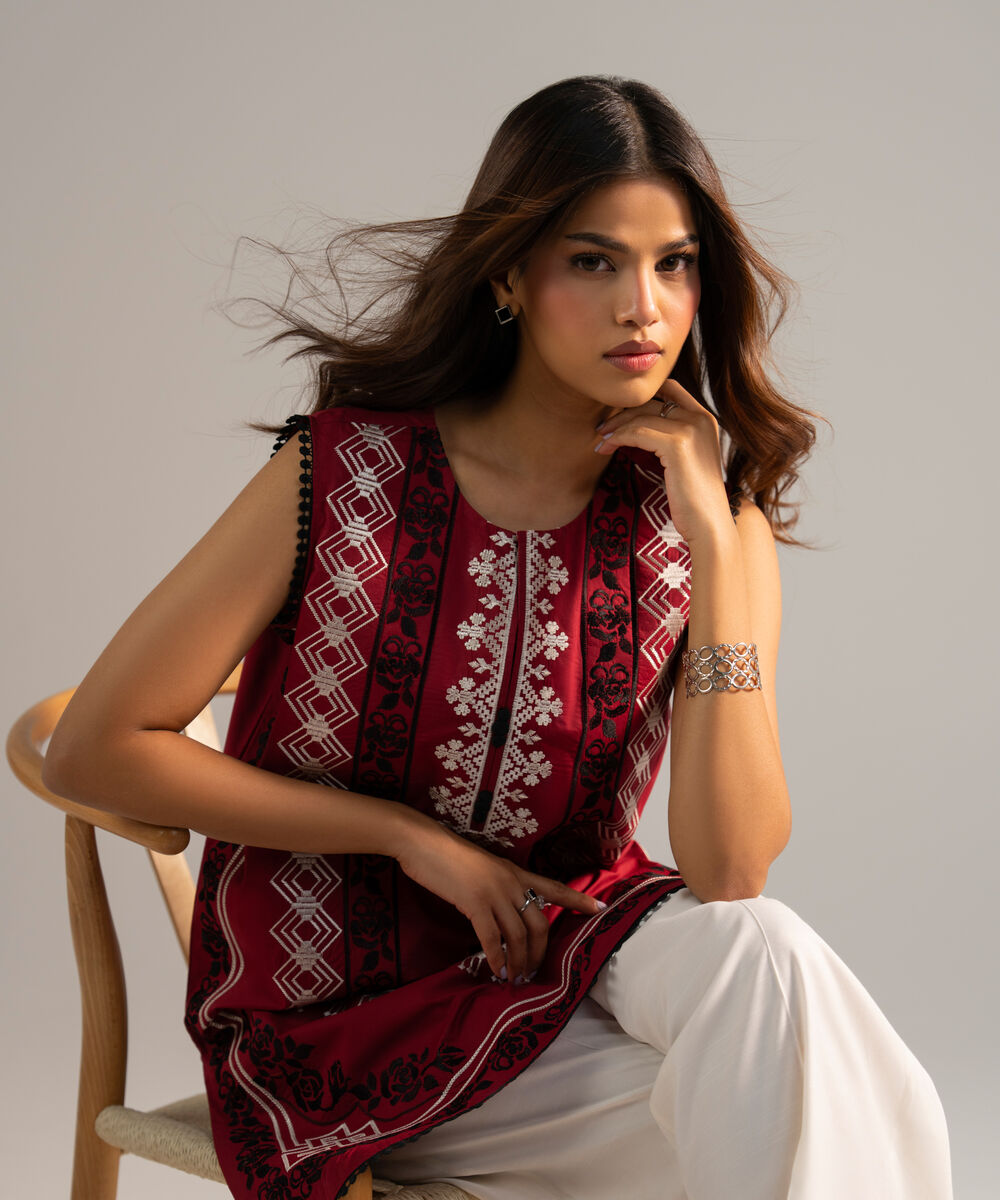Women's RTW Poplin Embroidered Red Straight Shirt