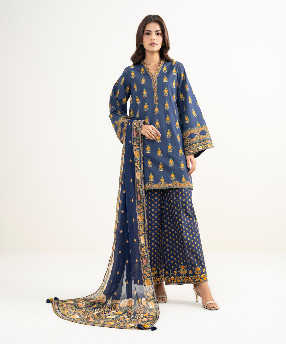 Women's Unstitched Lawn Printed Blue 3 Piece Suit