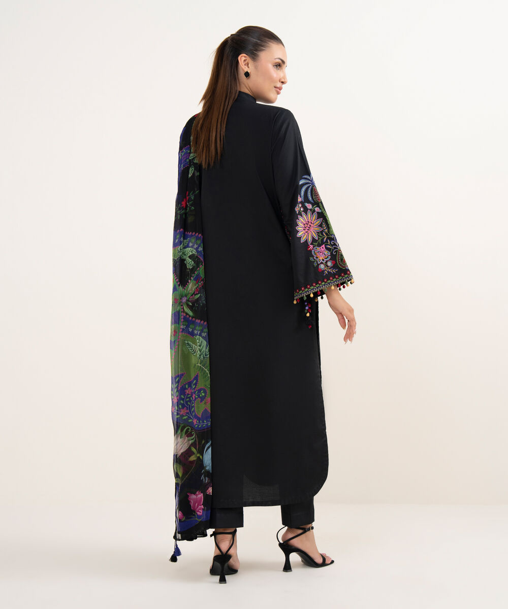 Women's Unstitched Textured Lawn Embroidered Black 3 Piece Suit