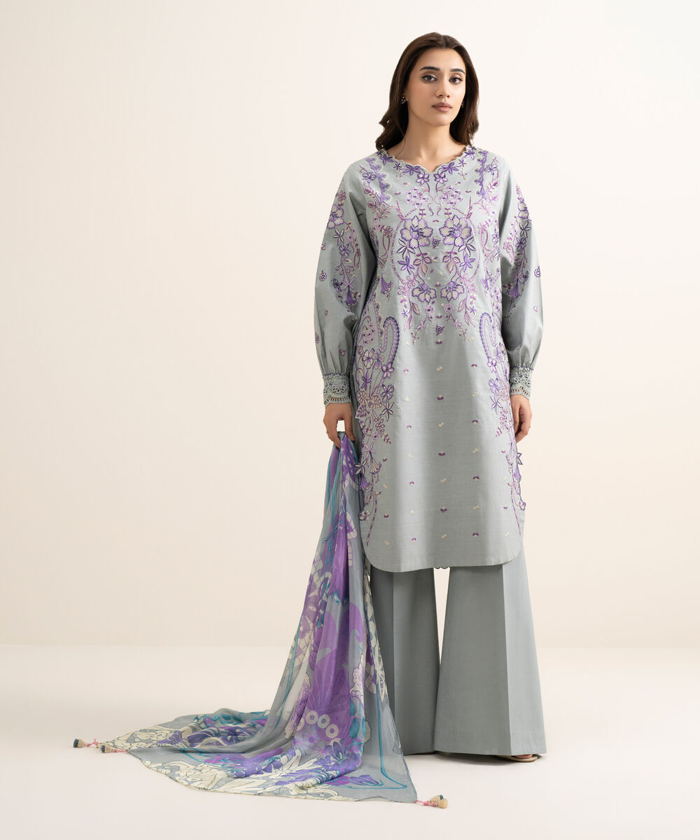 Women's Unstitched Textured Lawn Embroidered Grey 3 Piece Suit