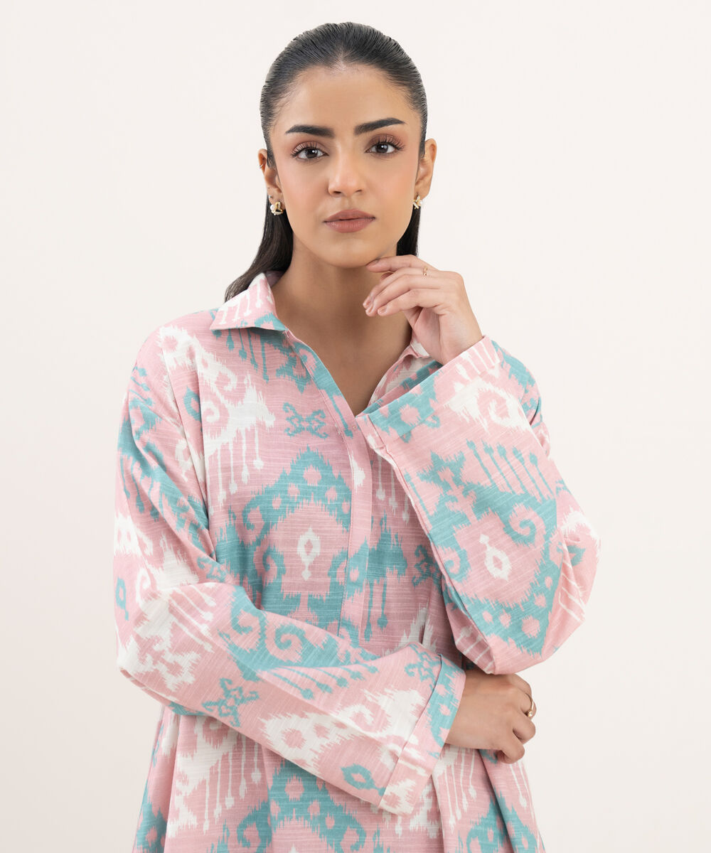 Women's RTW Light Khaddar Printed Drop Shoulder Pink Shirt