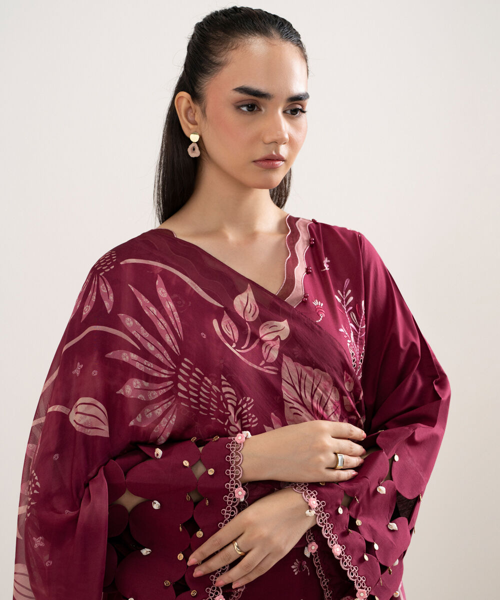 Women's Unstitched Textured Lawn Embroidered Red 3 Piece Suit