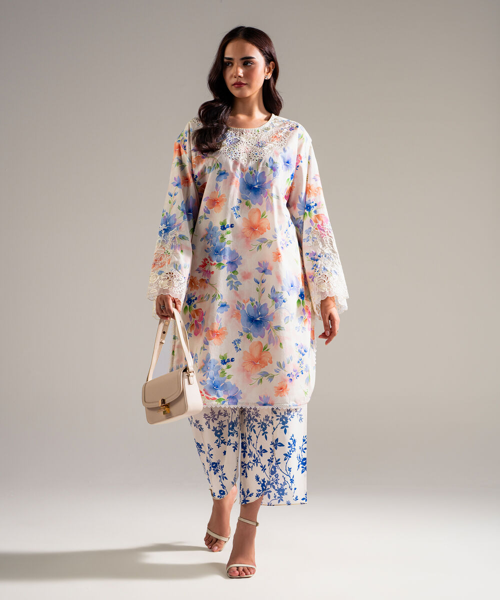 Women's RTW Lawn Embroidered Off White Drop Shoulder Shirt