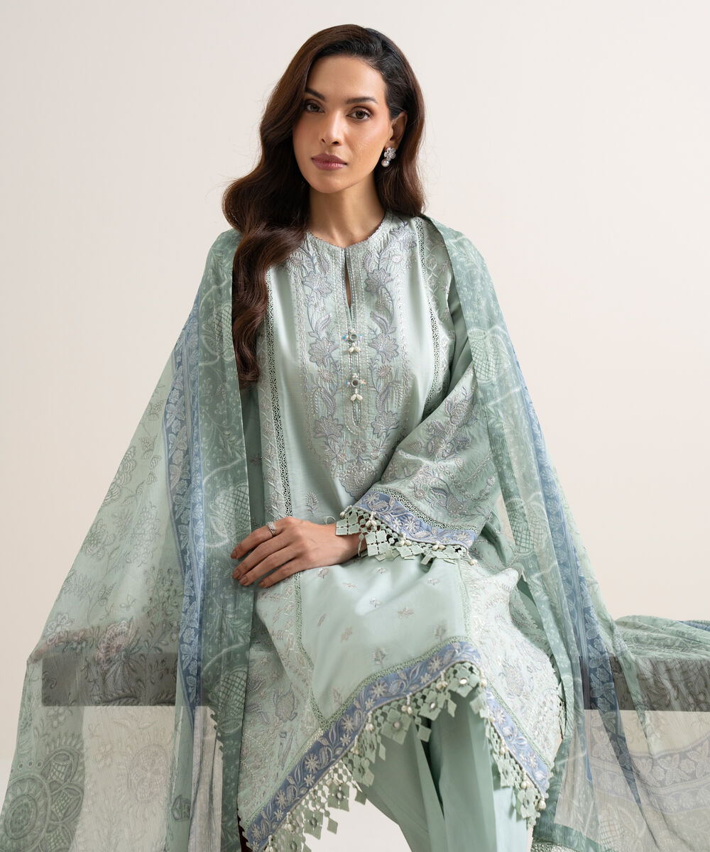 Women's Unstitched Lawn Embroidered Blue 3 Piece Suit