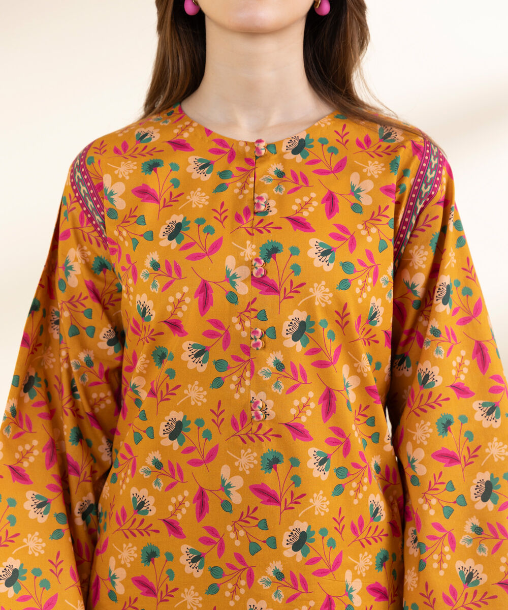 Women's Unstitched Lawn Printed Orange 2 Piece Suit