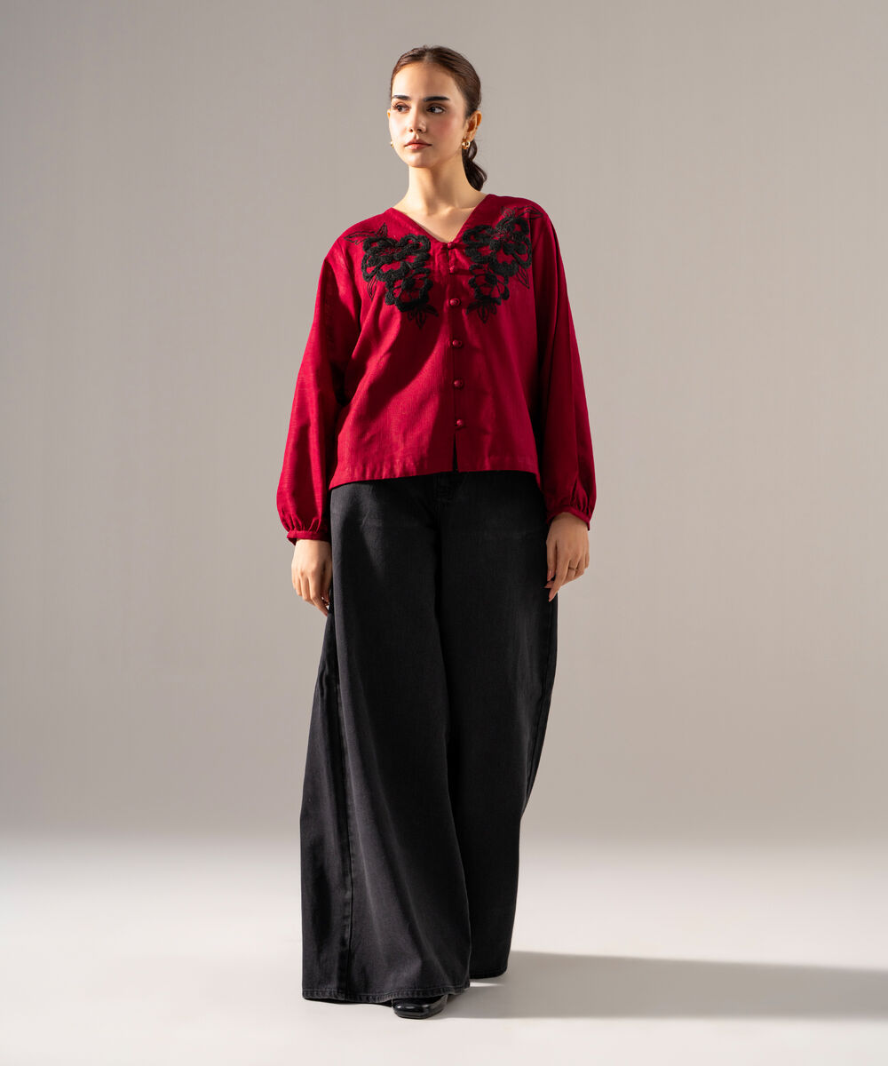 Women's RTW Khaddar Solid Embroidered Maroon Straight Shirt