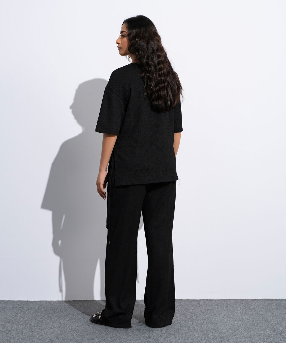 Women's Black Loose Fit Textured T-Shirt