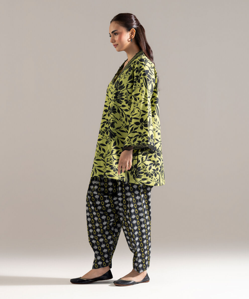 Women's RTW Seersucker Printed Green Straight Shirt