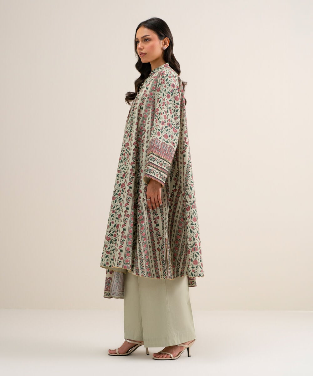 Women's Unstitched Printed Cotton Viscose Beige 3 Piece Suit