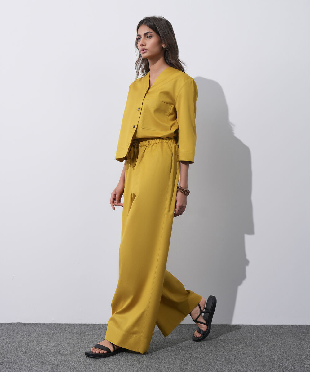 Women's Western Wear Mustard Linen Blend Pull On Trousers