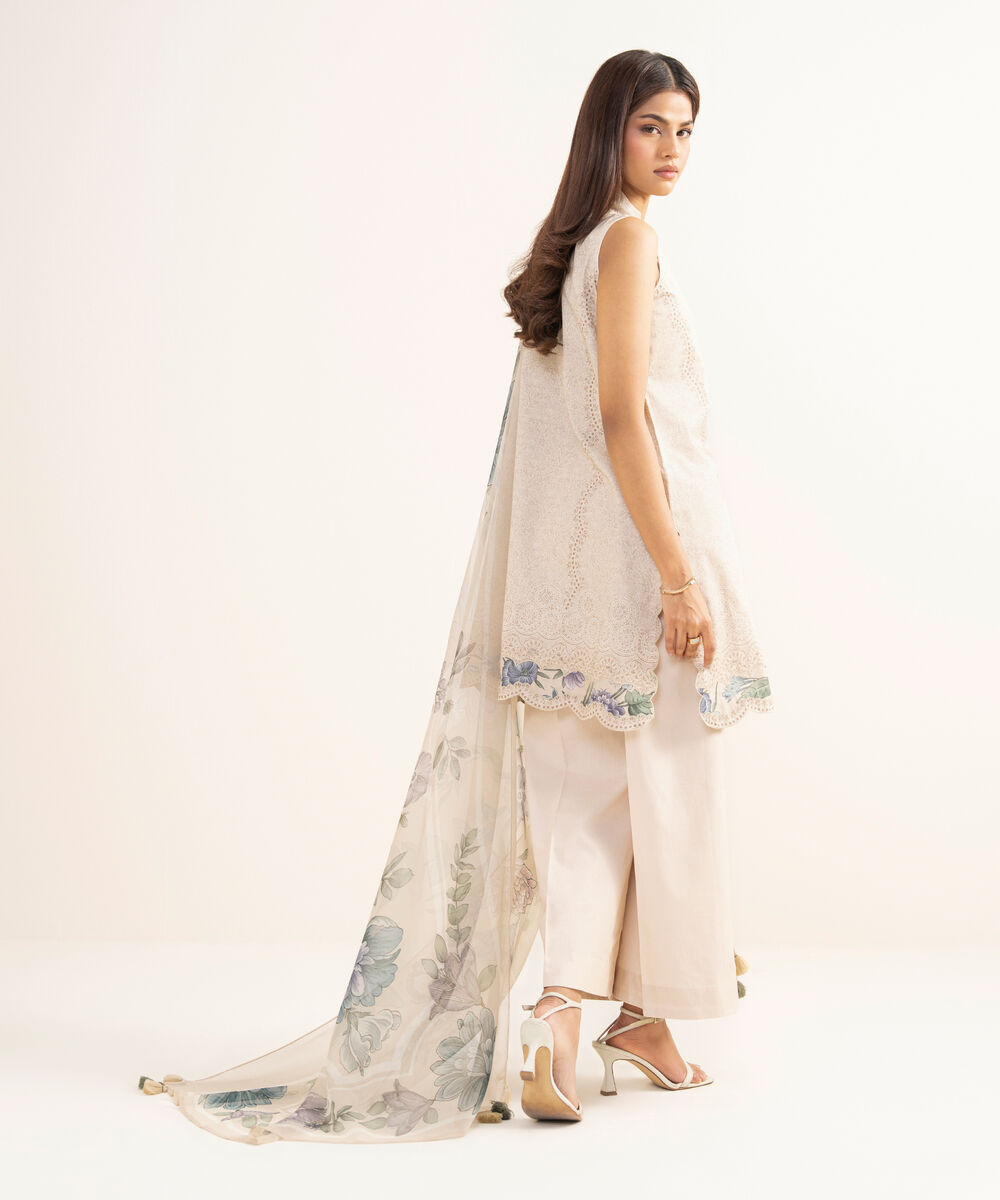 Women's Unstitched Lawn Printed Beige 3 Piece Suit