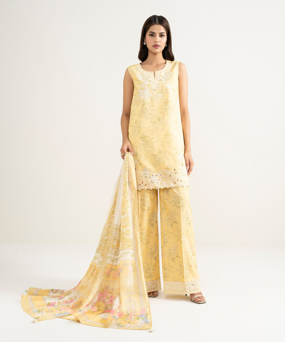 Women's RTW Zari Cotton Embroidered Yellow Straight Shirt