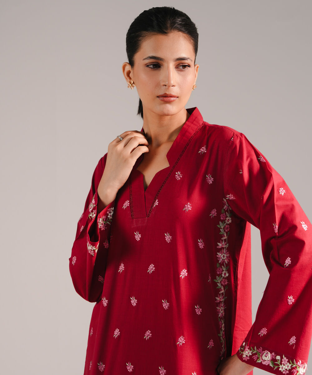 Women's RTW Slub Lawn Embroidered Maroon 2 Piece Suit