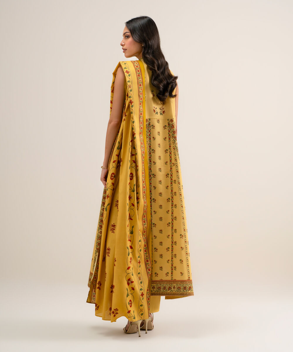 Women's Unstitched Printed Cotton Viscose Lime Yellow 3 Piece Suit