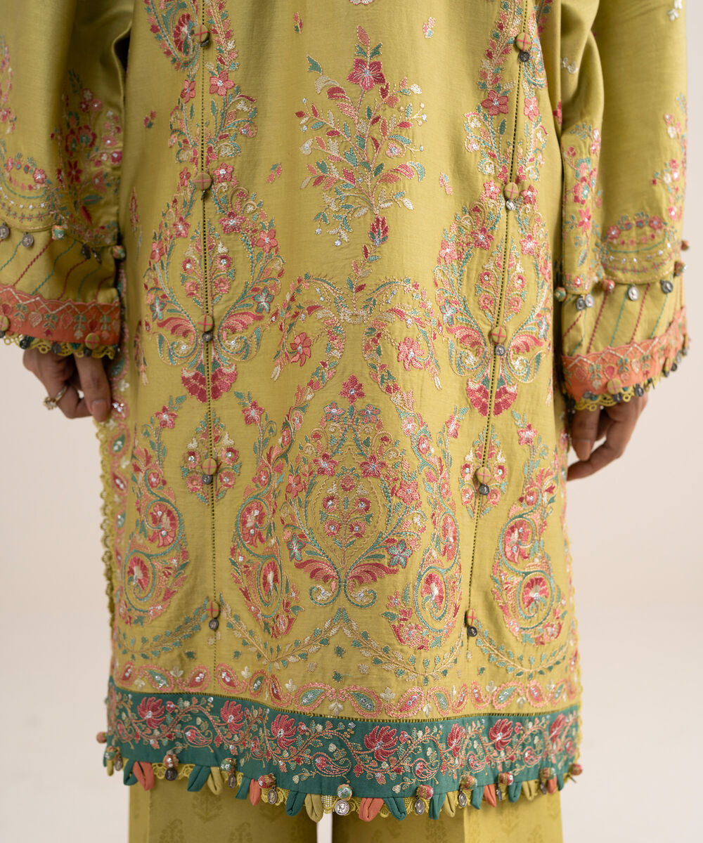 Women's Unstitched Embroidered Fine Cotton Satin Mustard 3 Piece Suit