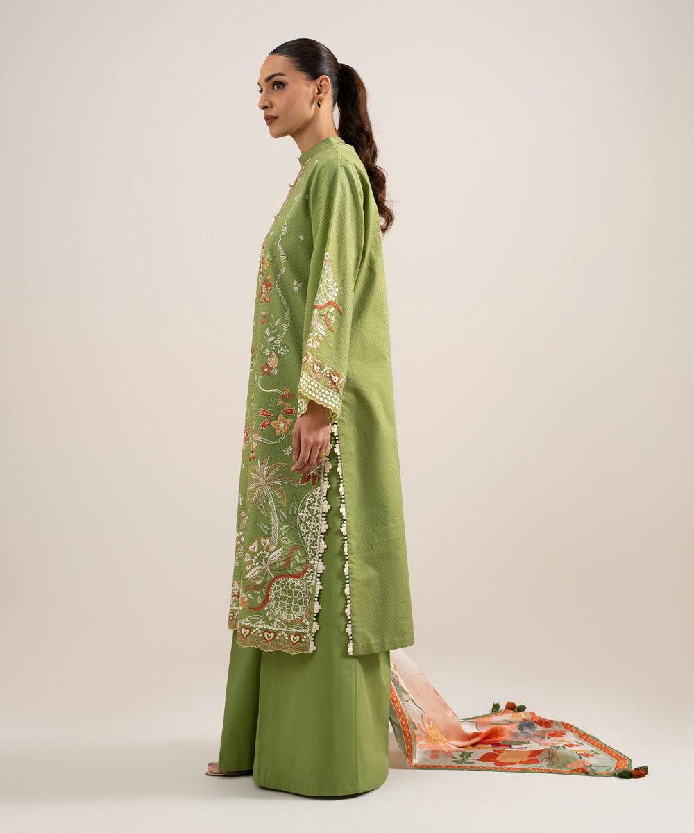 Women's Unstitched Self Jacquard Embroidered Green 3 Piece Suit