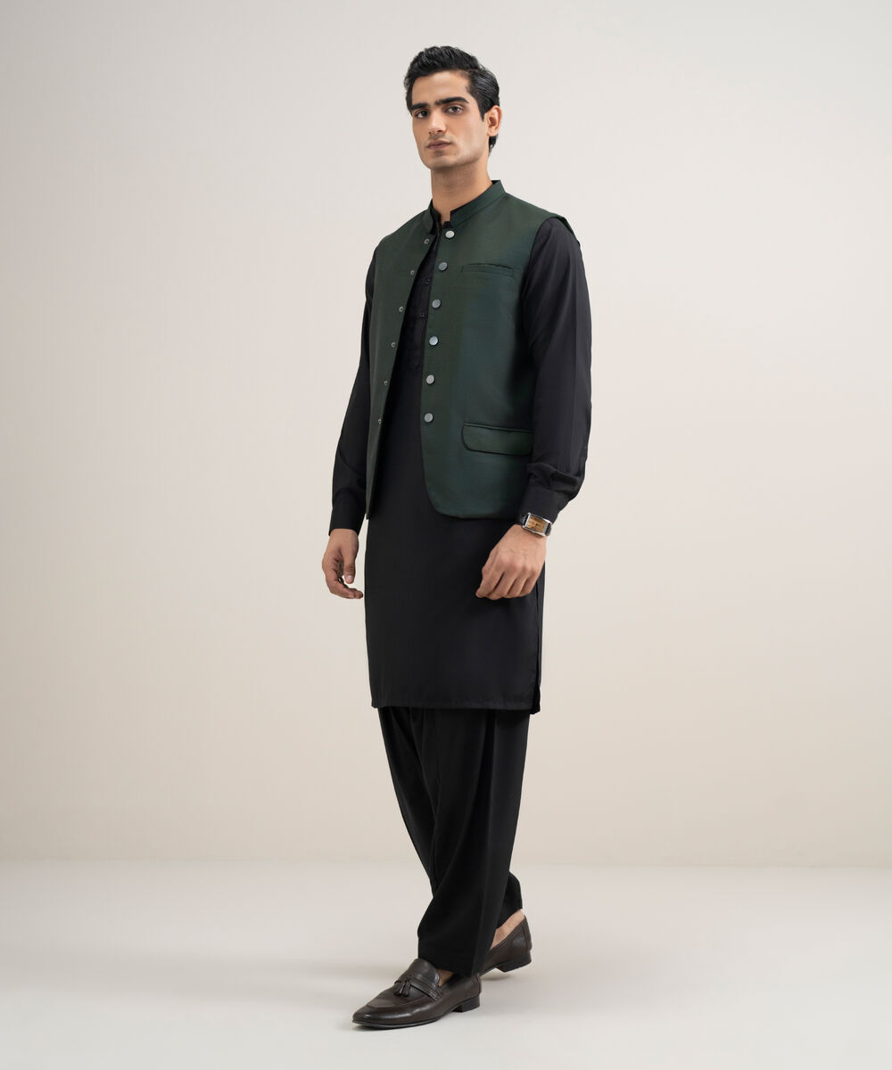 Men's Stitched Tropical Suiting Green Waistcoat