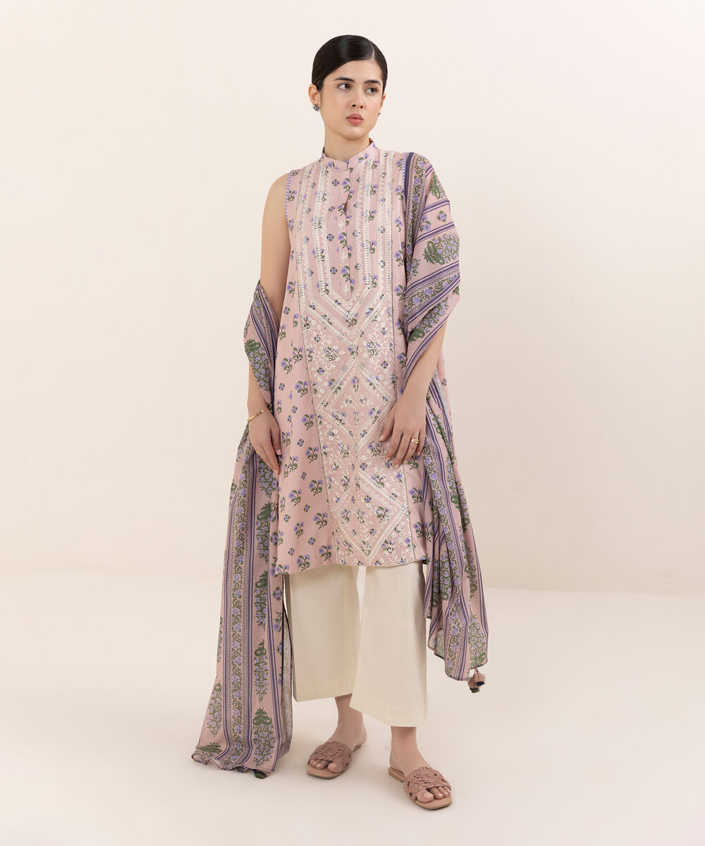 Women's Unstitched Cotton Embroidered Multi Two Piece Suit