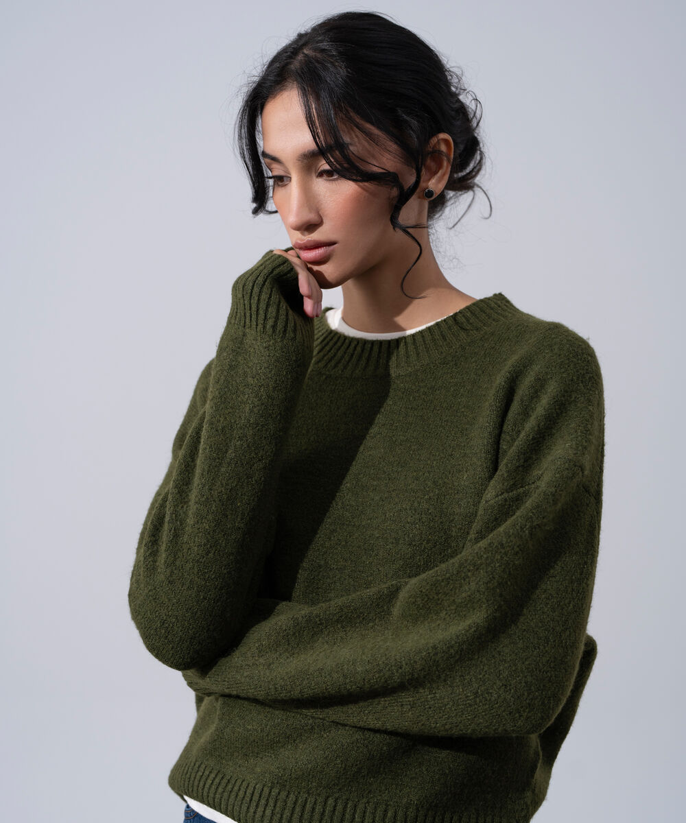 Women's Western Wear Green Round Neck Knit Sweater