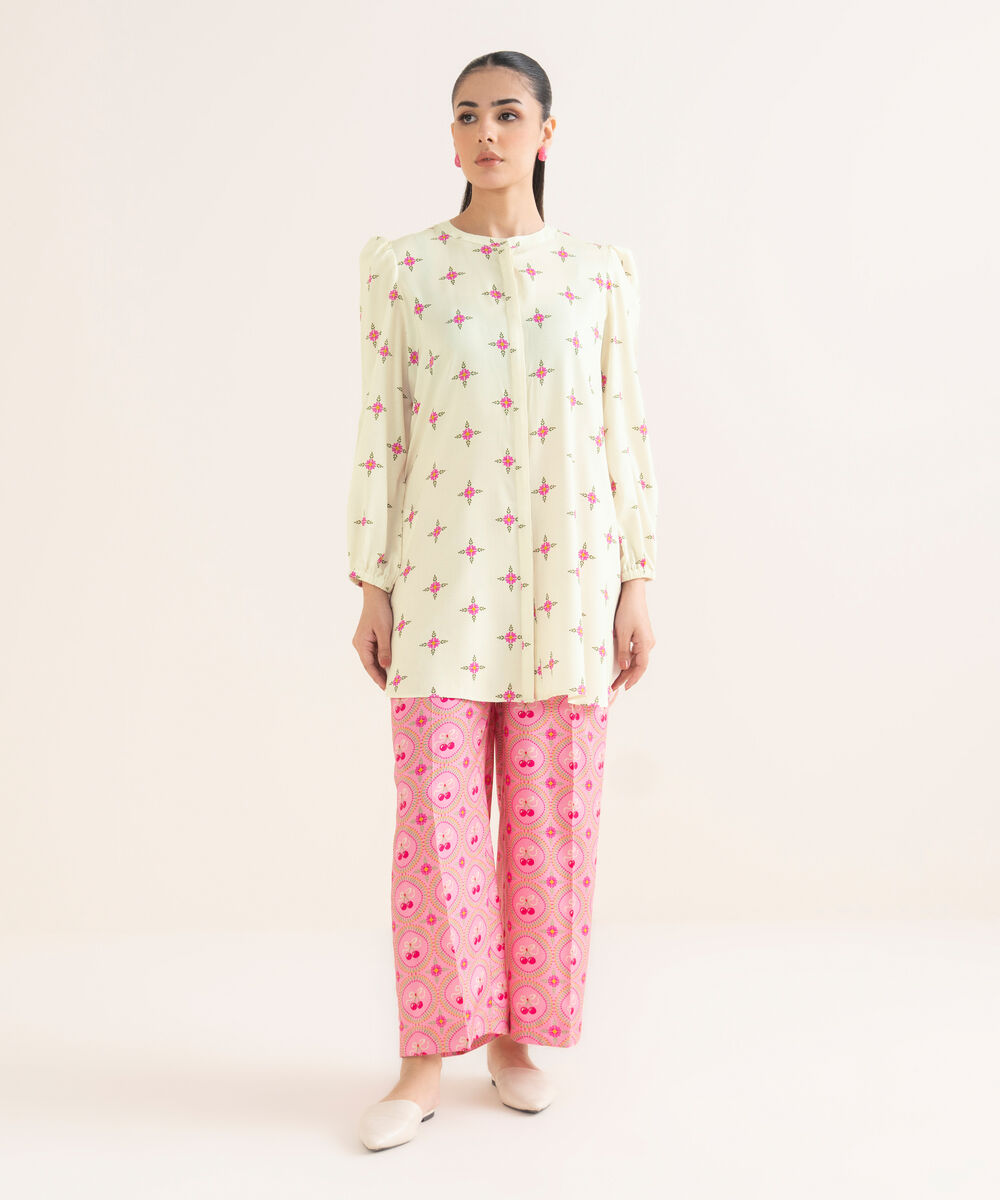 Women's RTW Linen Viscose Printed Off White Straight Shirt