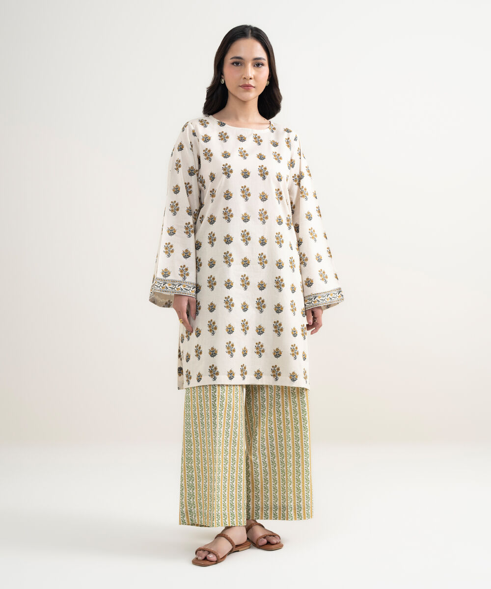 Women's RTW Lawn Printed Cream White Straight Shirt