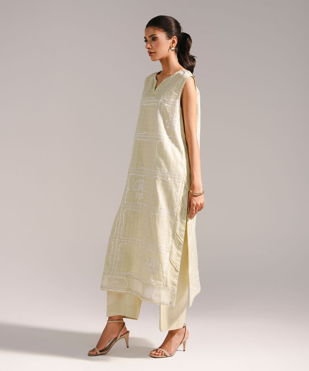 Women's RTW Dobby Embroidered Straight Mint Green Shirt