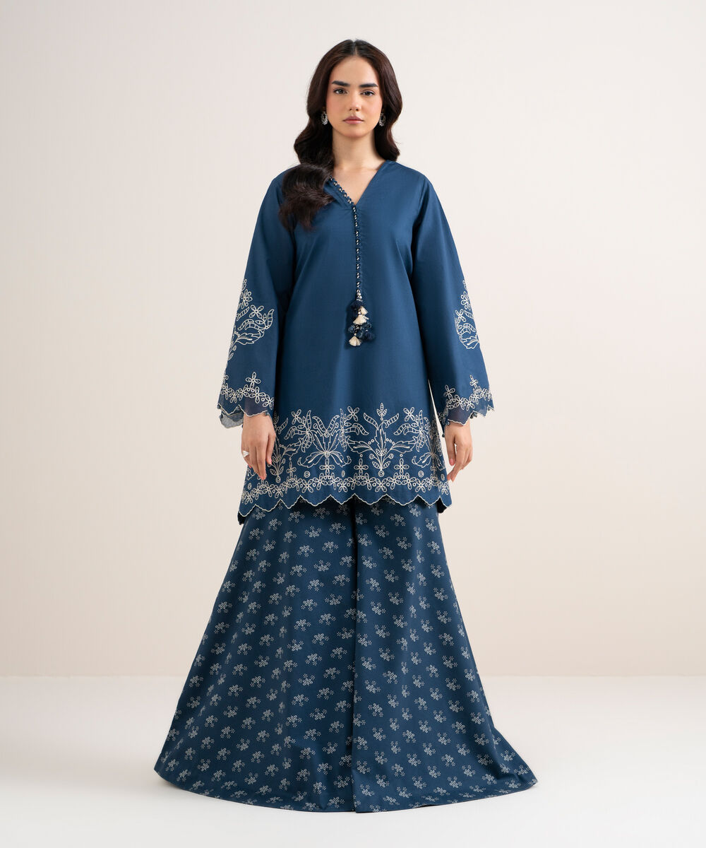 Women's Unstitched Cotton Embroidered Blue 2 Piece Suit