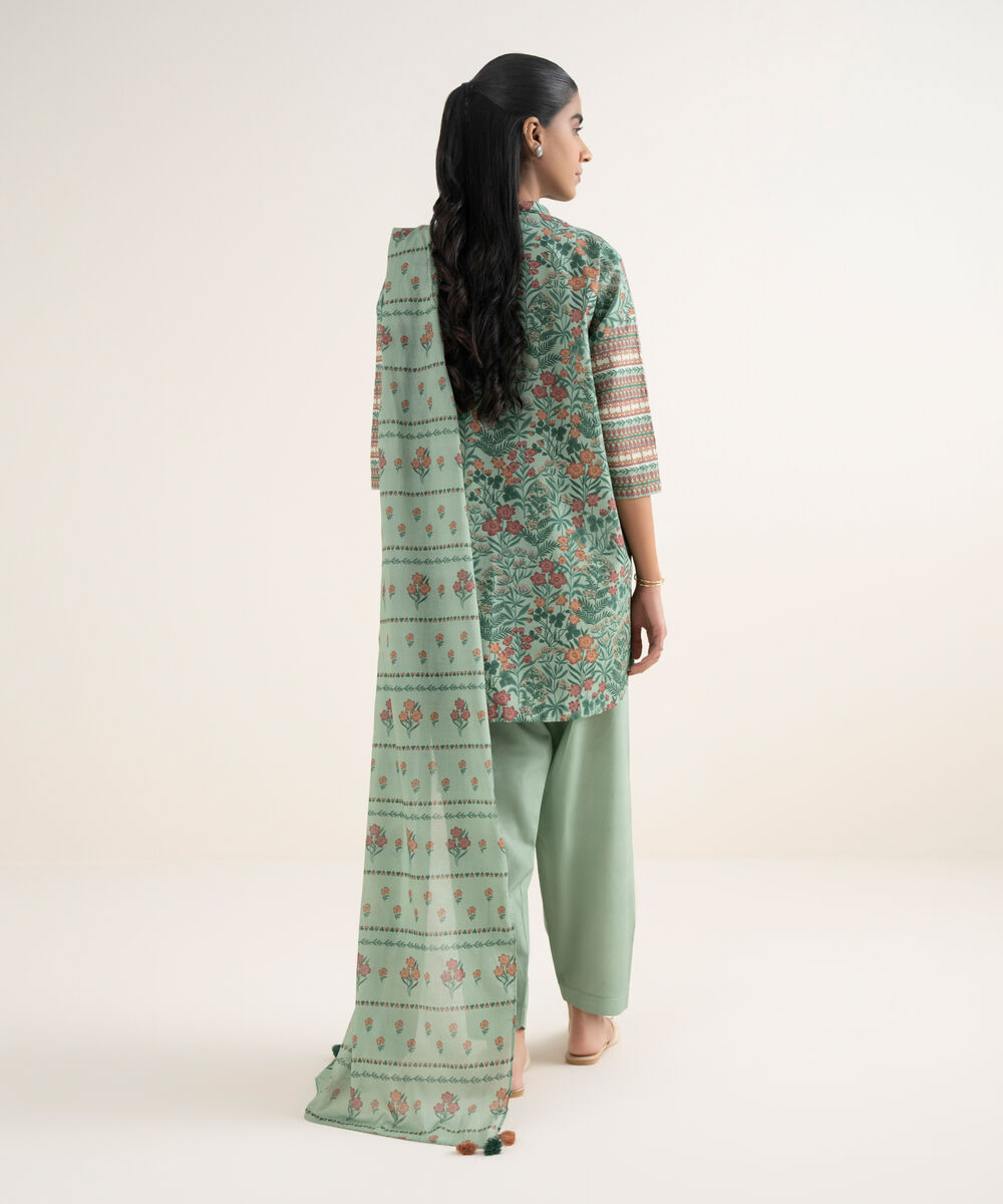 Women's Unstitched Cotton Printed Green 3 Piece Suit