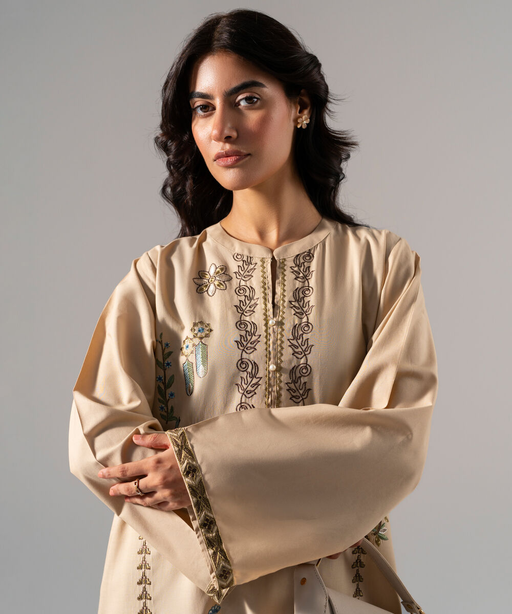 Women's RTW Solid Embroidered Dark Beige Cotton Viscose Shirt