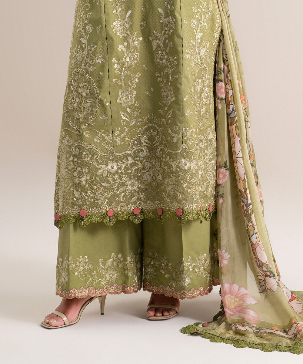 Women's Unstitched Embroidered Dobby Green 3 Piece Suit