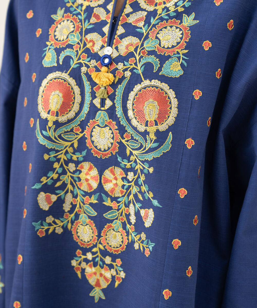 Women's Unstitched Embroidered Khaddar Blue 3 Piece Suit