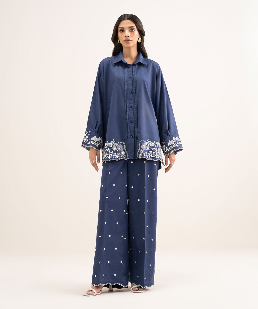Women's RTW Dobby Embroidered Blue Drop Shoulder Shirt