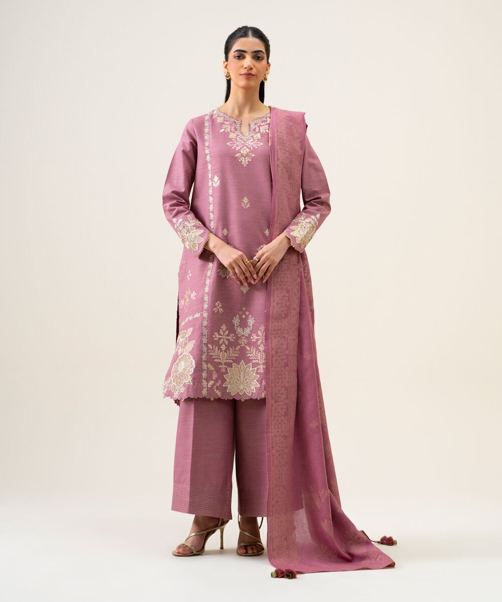 Women's Unstitched Zari Khaddar Embroidered Light Pink 3 Piece Suit