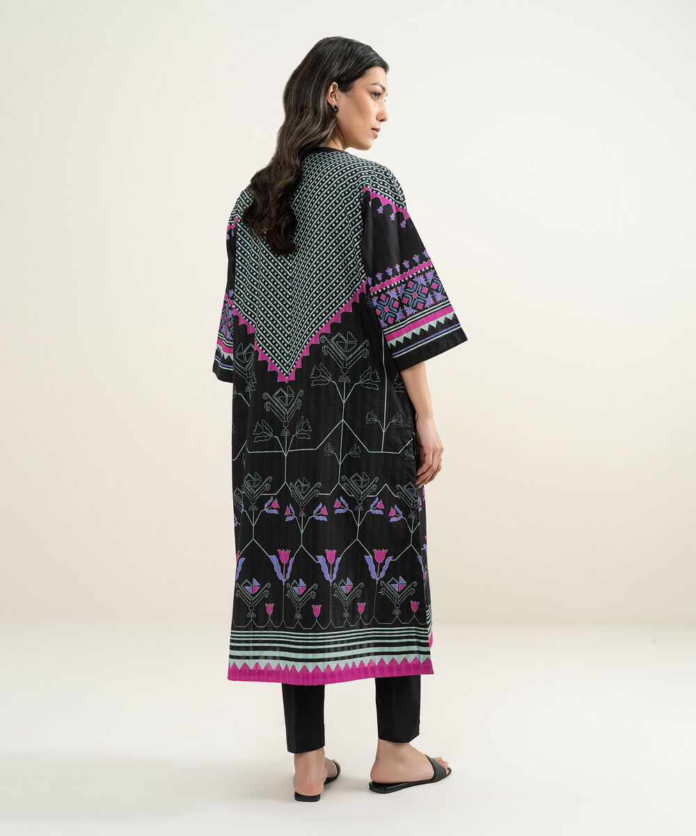 Women's RTW Textured Cotton Printed Black A-Line Shirt