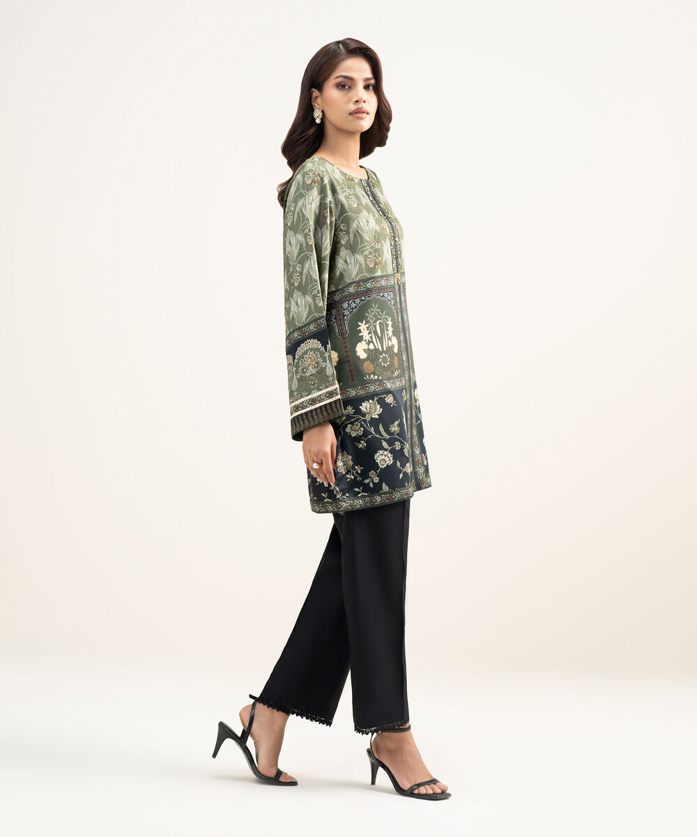 Women's RTW Premium Visocose Satin Printed Green Straight Shirt