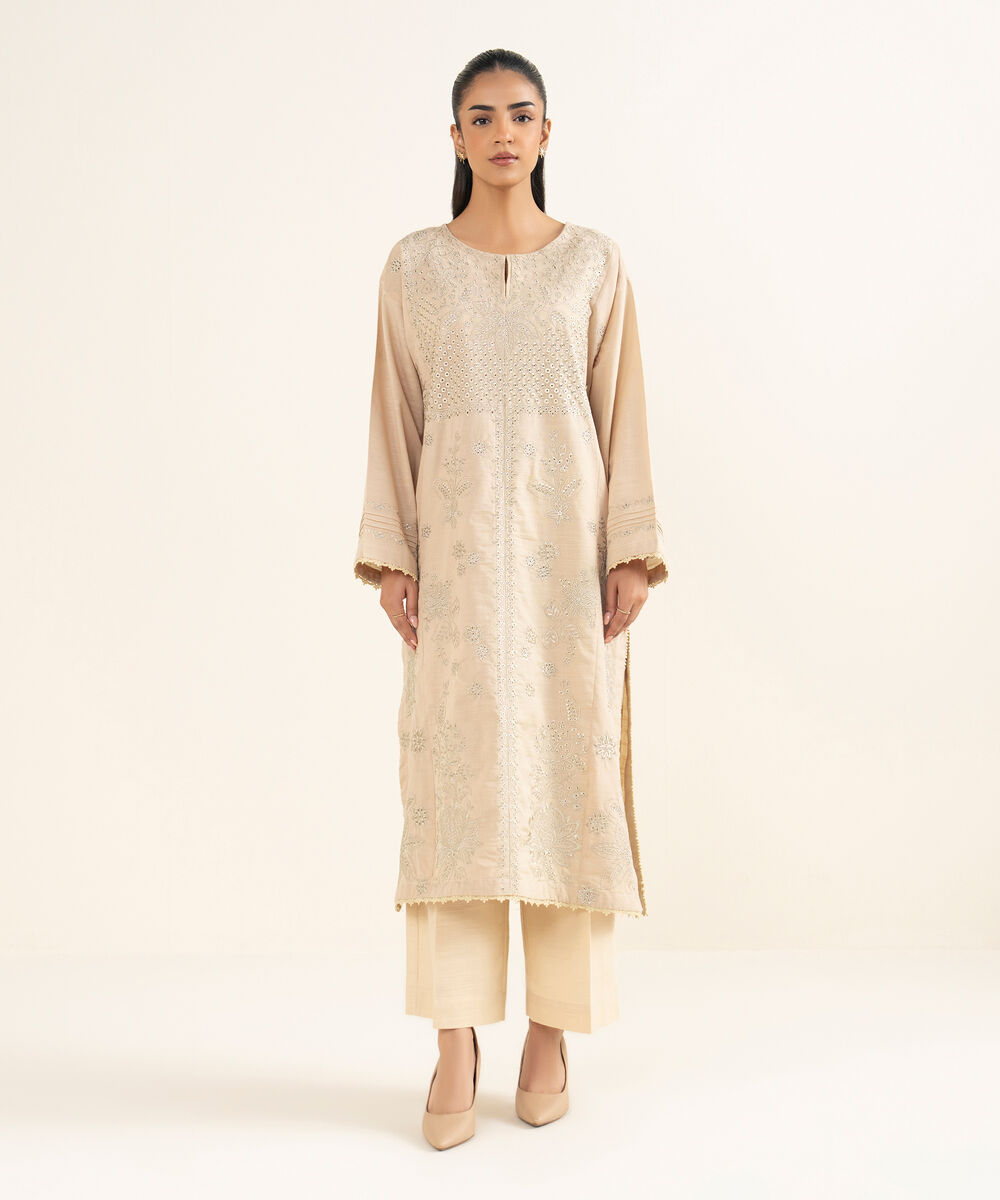 Women's RTW Cotton Embroidered Beige A-Line Shirt
