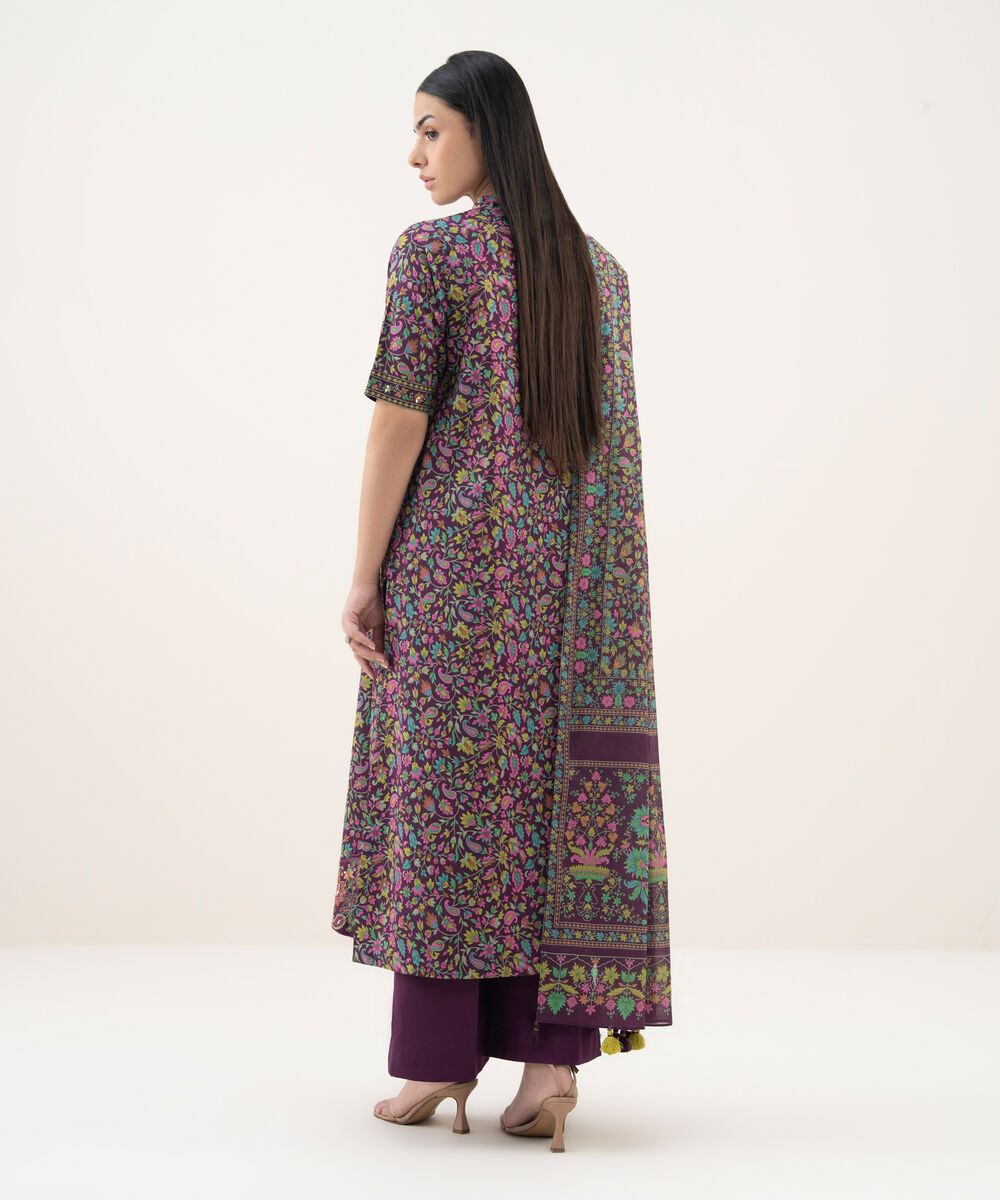 Women's Unstitched Cotton Printed Purple 3 Piece Suit