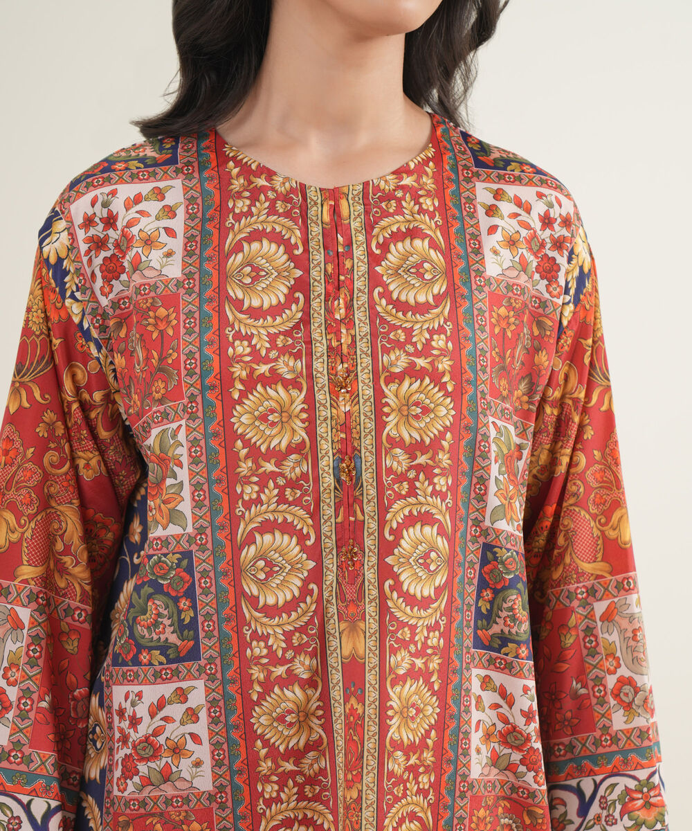 Women's RTW Blended Grip Silk Printed Dark Orange 3 Piece Suit