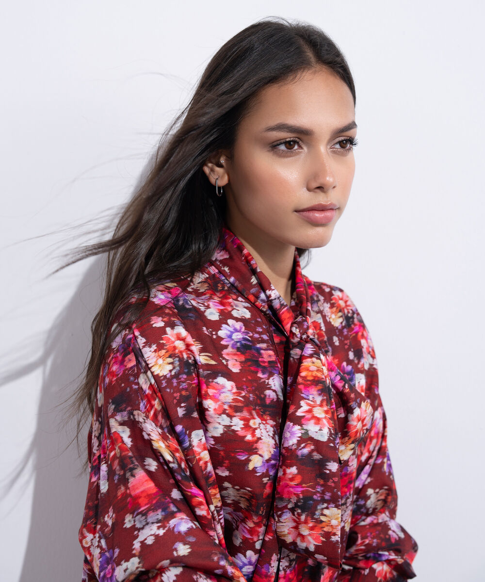 Women's Western Wear Red Printed Dress With Knot Detail