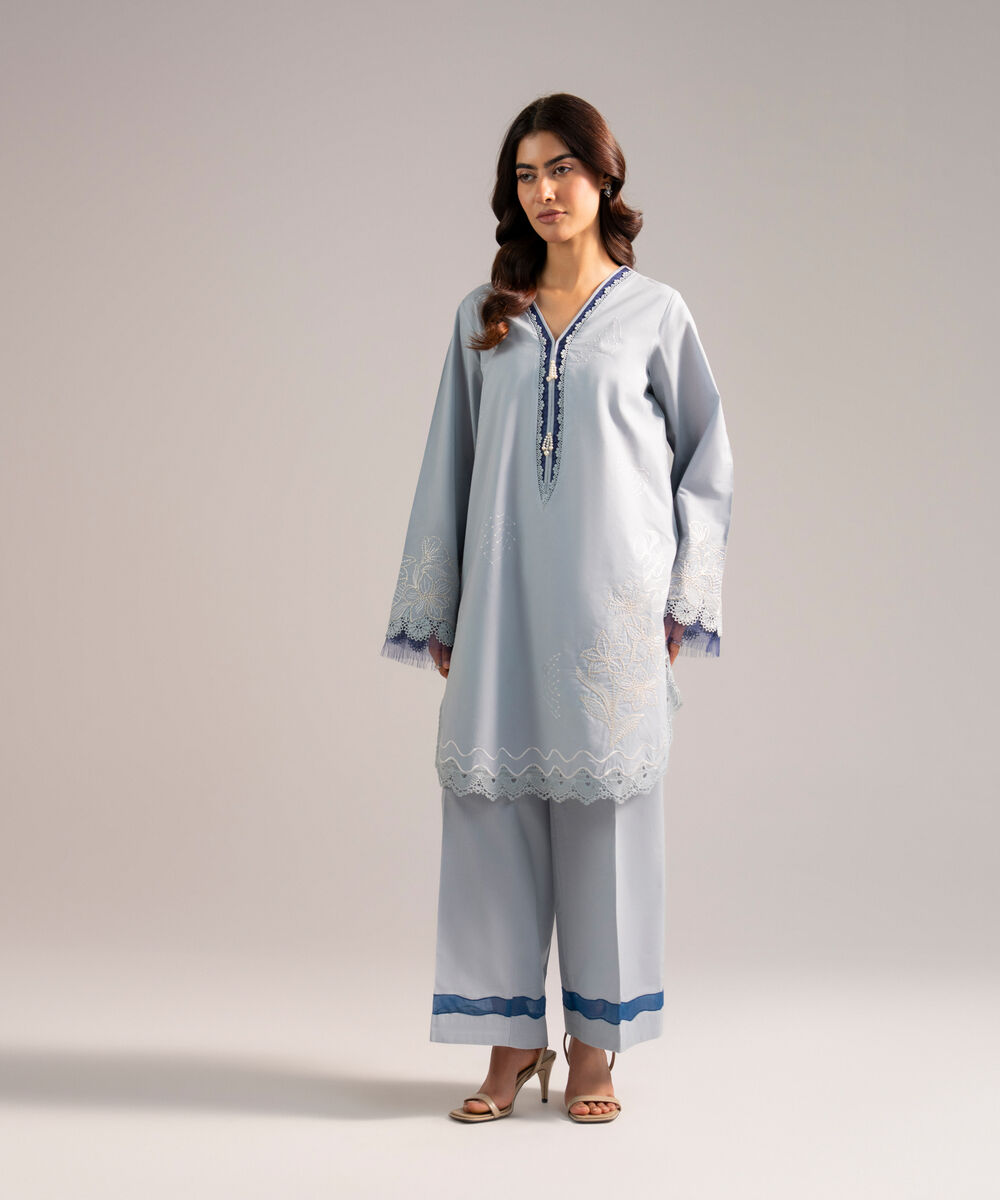 Women's RTW Cambric Embroidered Blue Straight Shirt