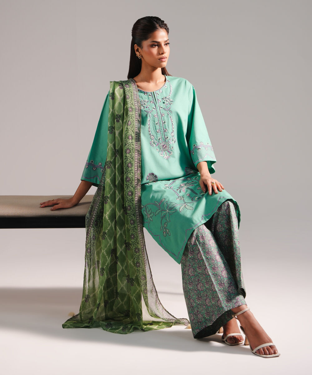 Women's RTW Dobby Embroidered Green 3 Piece Suit