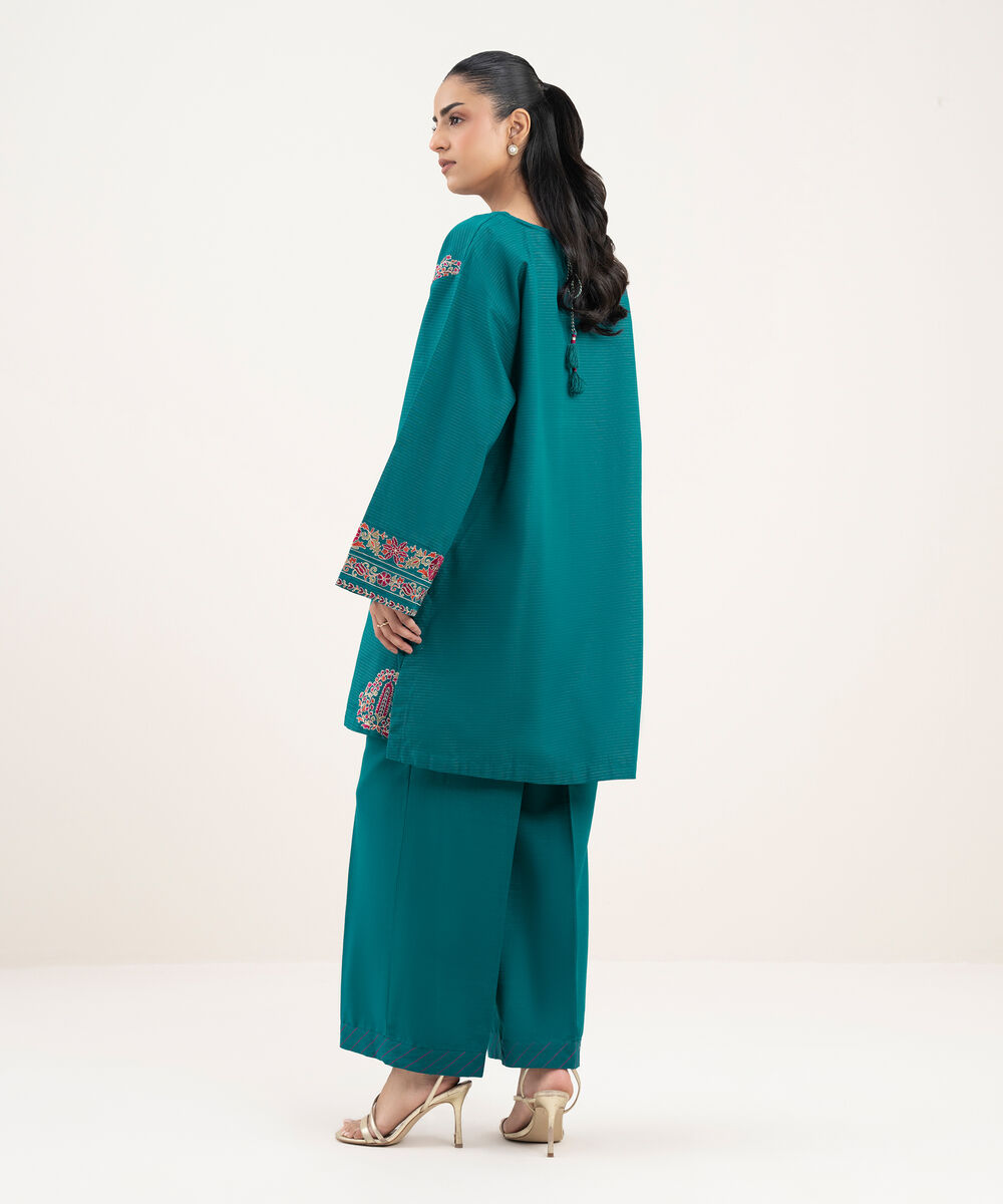 Women's RTW Cotton Embroidered Straight Blue Shirt